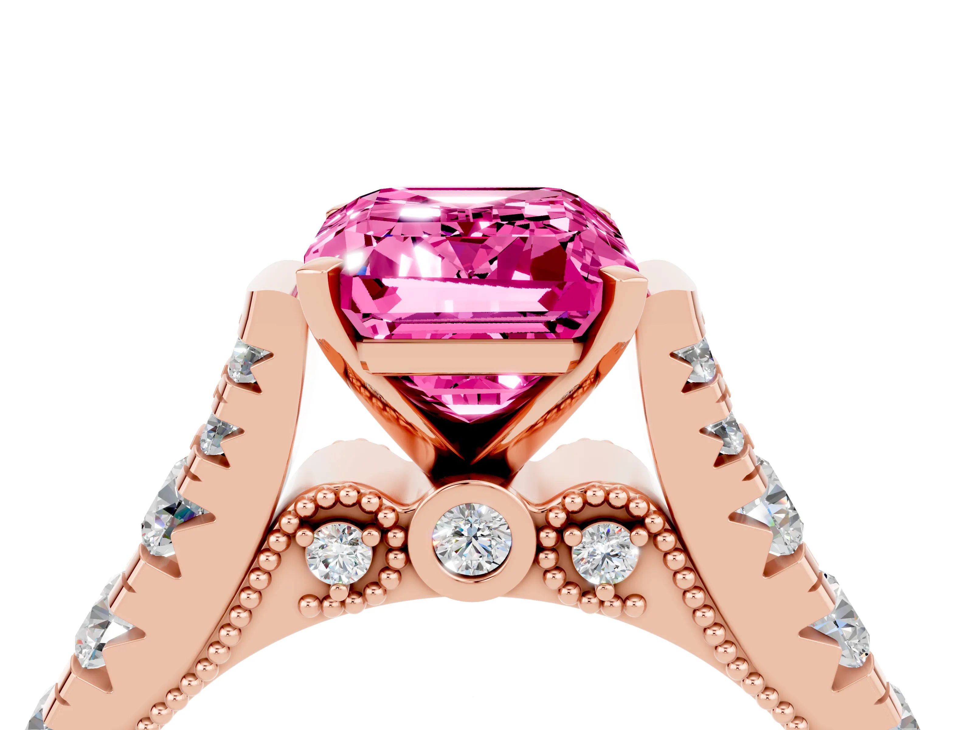 Rose gold Emerald Cut Pink Sapphire Classic Solitaire Ring with Pavé Band and Four-Prong Setting_16