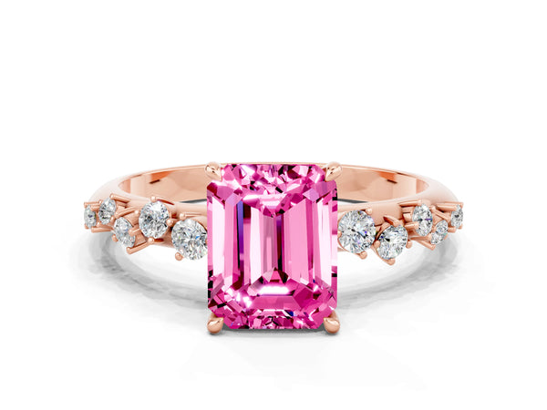 Rose gold Emerald Cut Pink Sapphire Cluster Side Stone Solitaire Ring with Prong Setting