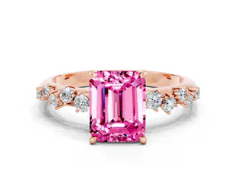 Rose gold Emerald Cut Pink Sapphire Cluster Side Stone Solitaire Ring with Prong Setting_71