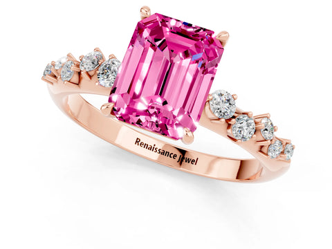 Rose gold Emerald Cut Pink Sapphire Cluster Side Stone Solitaire Ring with Prong Setting_72