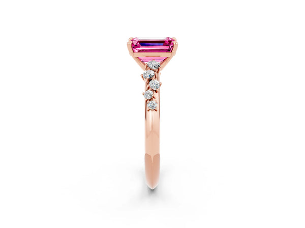 Rose gold Emerald Cut Pink Sapphire Cluster Side Stone Solitaire Ring with Prong Setting