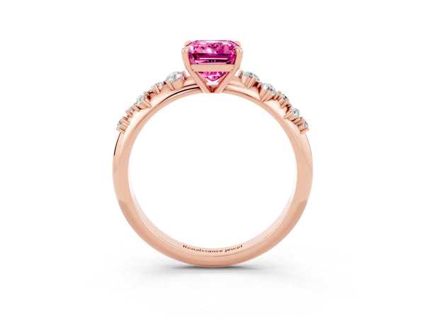 Rose gold Emerald Cut Pink Sapphire Cluster Side Stone Solitaire Ring with Prong Setting