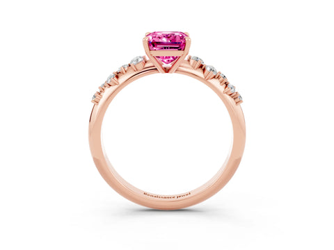 Rose gold Emerald Cut Pink Sapphire Cluster Side Stone Solitaire Ring with Prong Setting_74