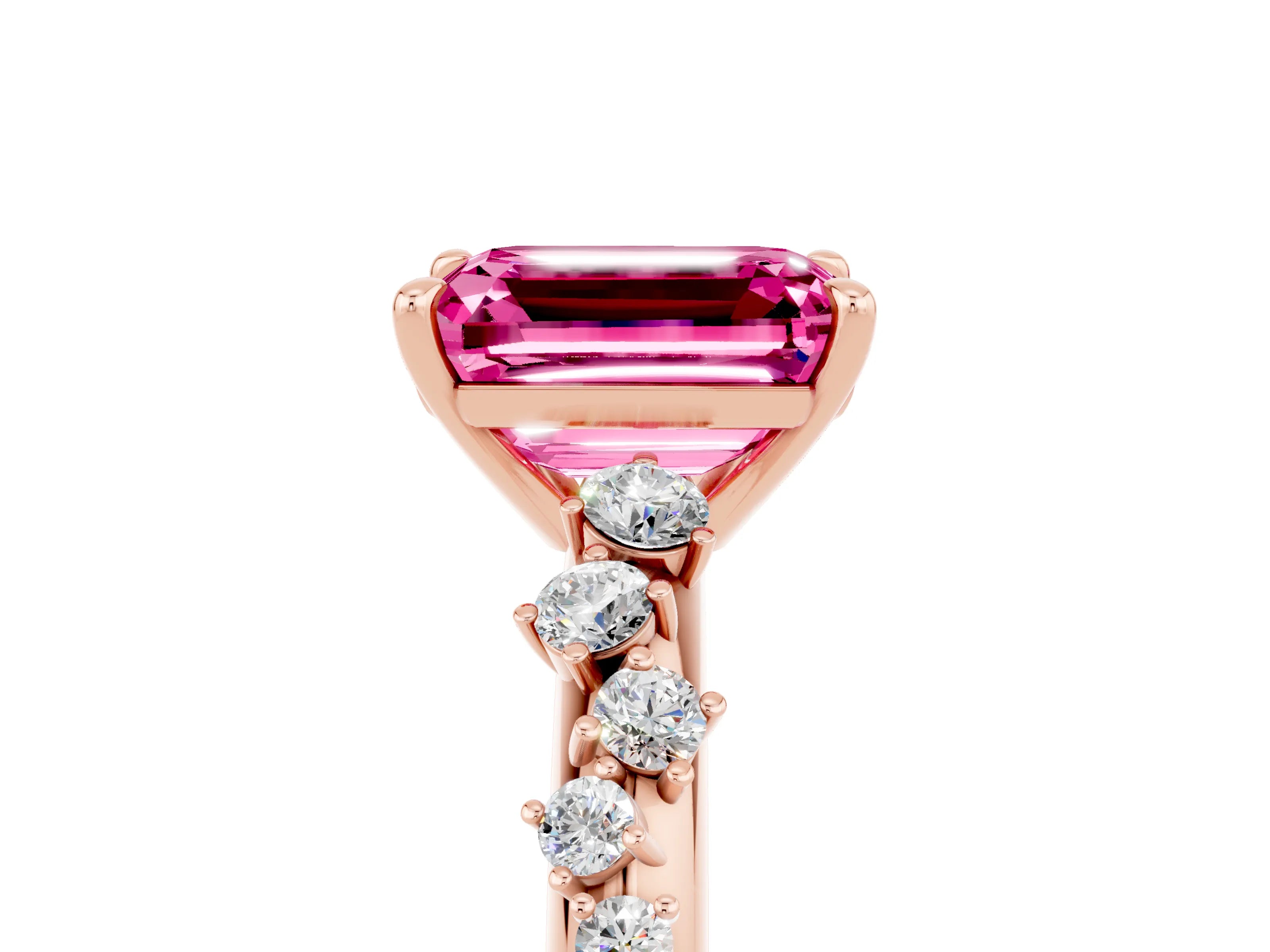 Rose gold Emerald Cut Pink Sapphire Cluster Side Stone Solitaire Ring with Prong Setting_76