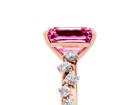 Rose gold Emerald Cut Pink Sapphire Cluster Side Stone Solitaire Ring with Prong Setting_76