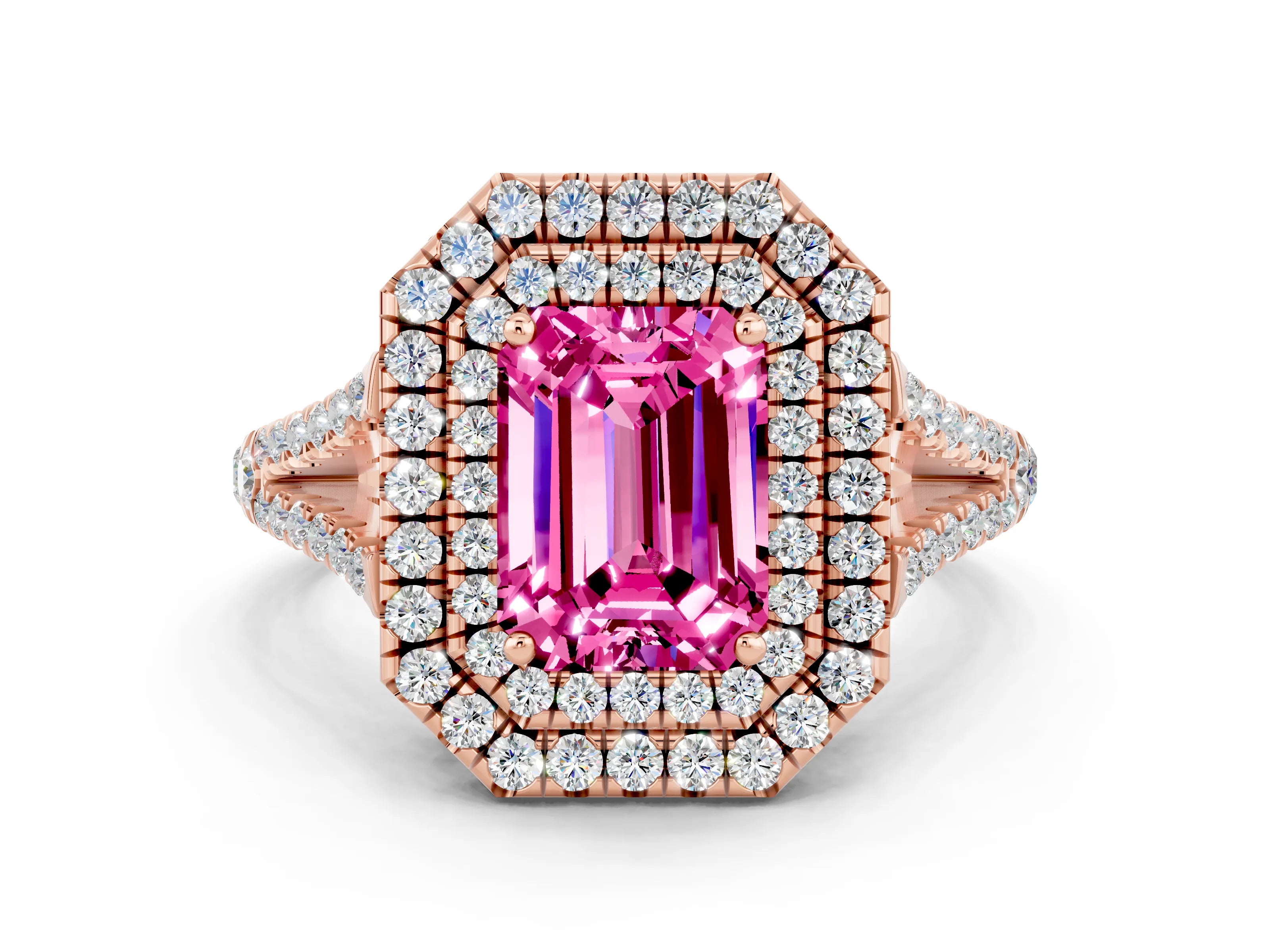 Rose gold Emerald Cut Pink Sapphire Double Halo Ring with Pavé Band and Prong Setting_12