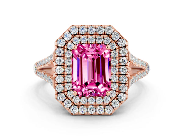 Rose gold Emerald Cut Pink Sapphire Double Halo Ring with Pavé Band and Prong Setting