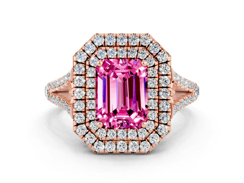 Rose gold Emerald Cut Pink Sapphire Double Halo Ring with Pavé Band and Prong Setting_12