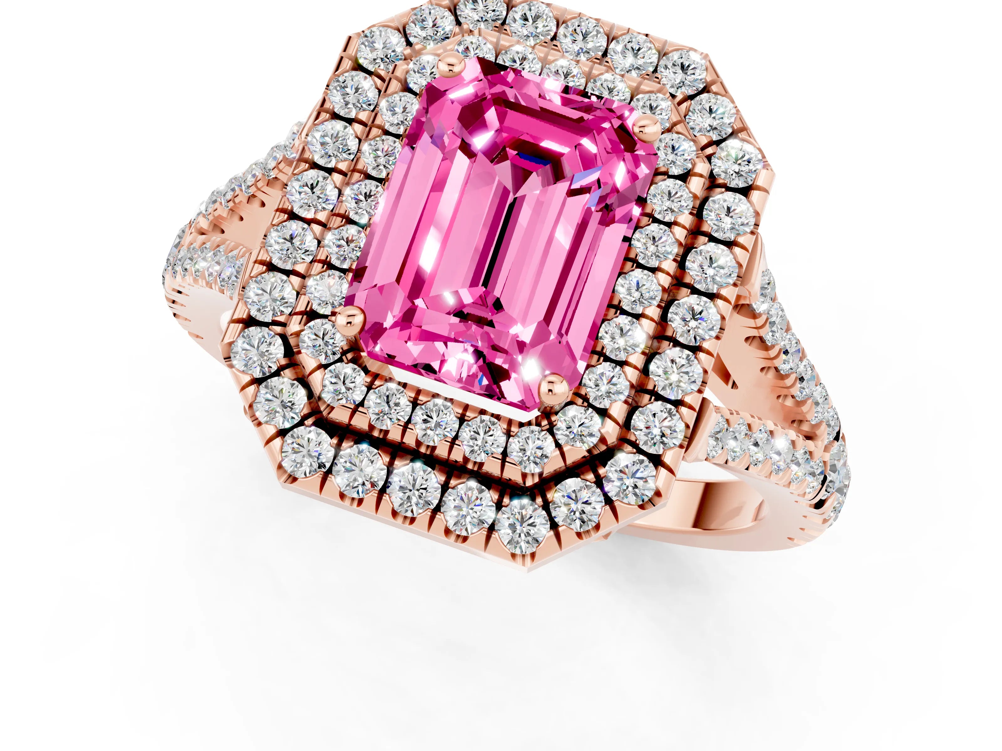 Rose gold Emerald Cut Pink Sapphire Double Halo Ring with Pavé Band and Prong Setting_13