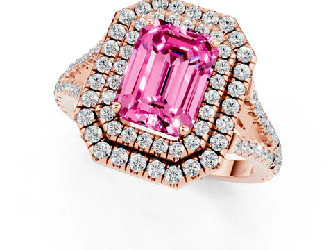Rose gold Emerald Cut Pink Sapphire Double Halo Ring with Pavé Band and Prong Setting_13