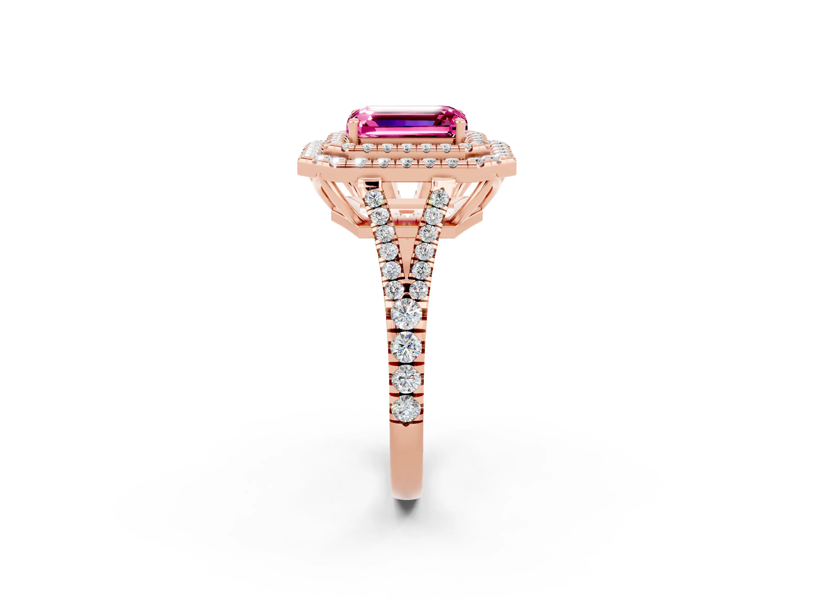 Rose gold Emerald Cut Pink Sapphire Double Halo Ring with Pavé Band and Prong Setting_14