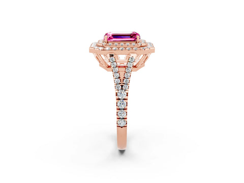 Rose gold Emerald Cut Pink Sapphire Double Halo Ring with Pavé Band and Prong Setting_14
