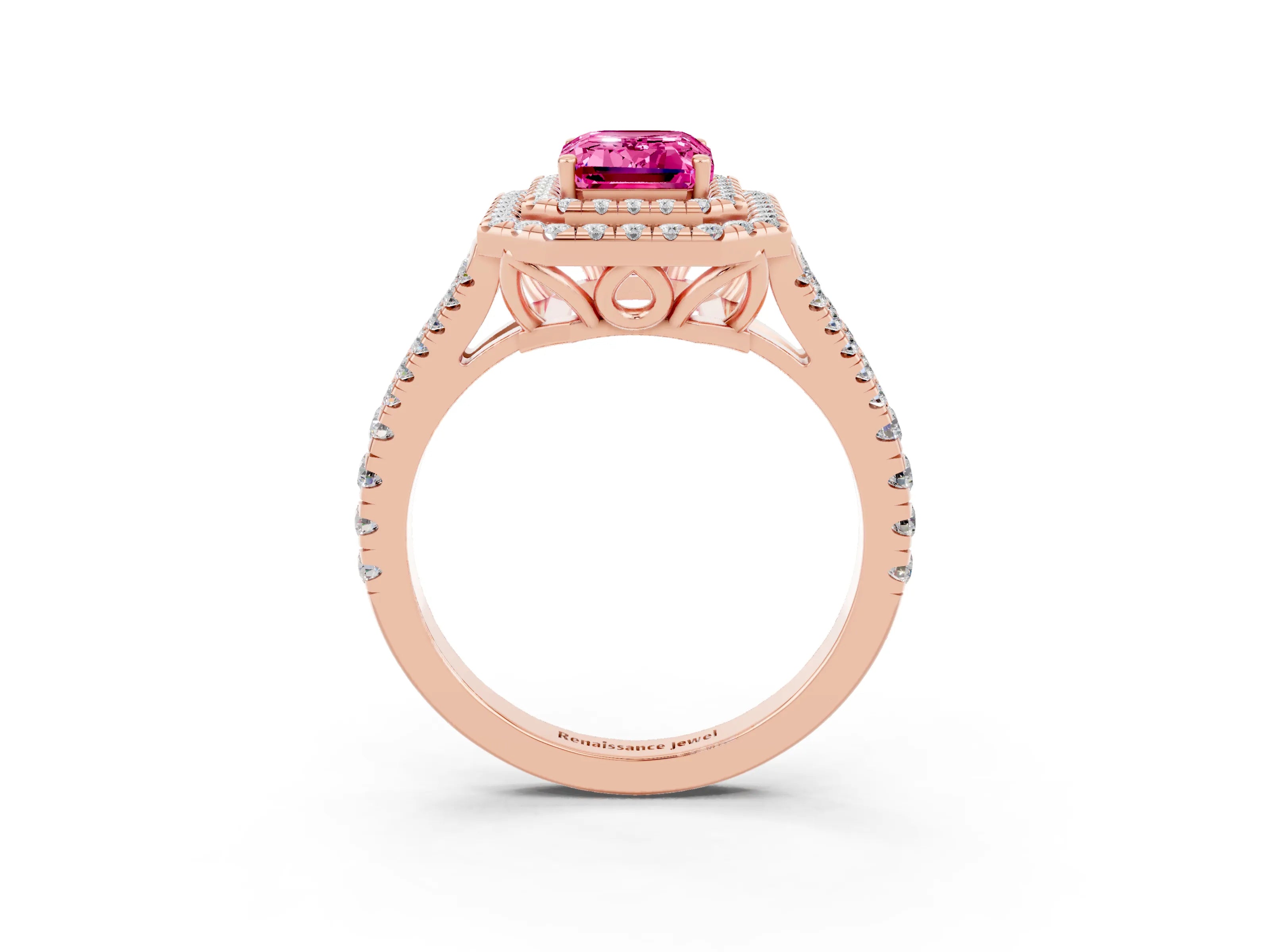 Rose gold Emerald Cut Pink Sapphire Double Halo Ring with Pavé Band and Prong Setting_15