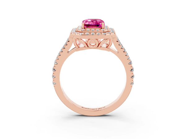 Rose gold Emerald Cut Pink Sapphire Double Halo Ring with Pavé Band and Prong Setting