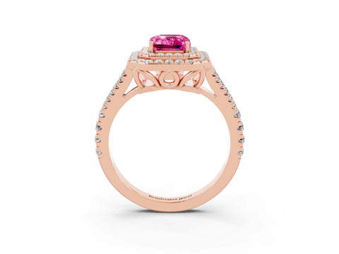 Rose gold Emerald Cut Pink Sapphire Double Halo Ring with Pavé Band and Prong Setting_15