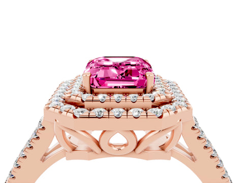 Rose gold Emerald Cut Pink Sapphire Double Halo Ring with Pavé Band and Prong Setting_16