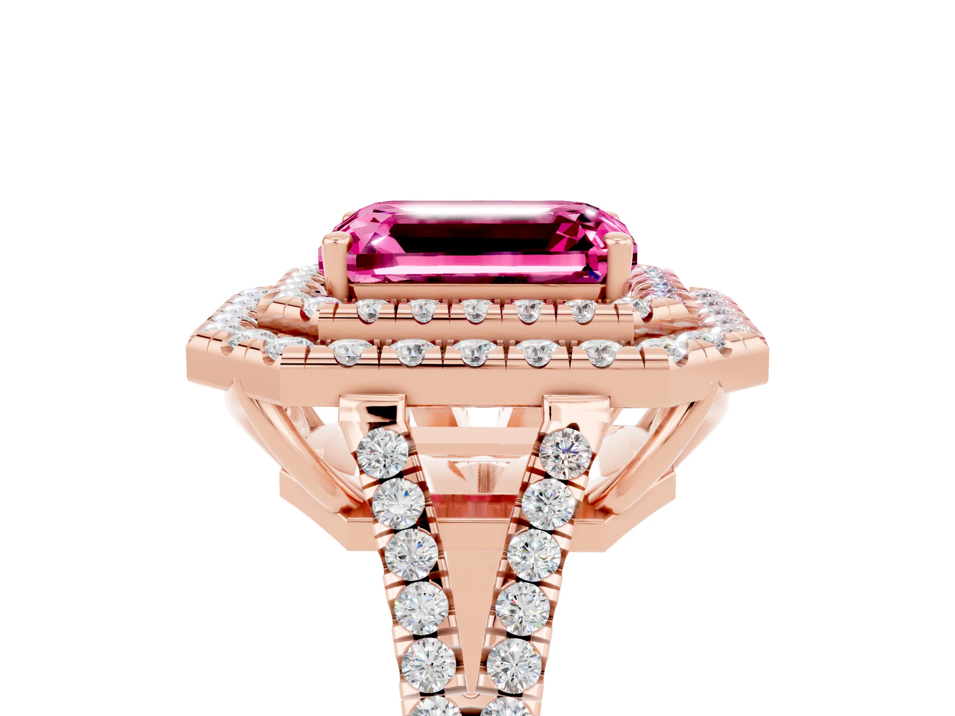 Rose gold Emerald Cut Pink Sapphire Double Halo Ring with Pavé Band and Prong Setting_17