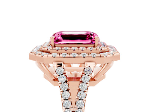 Rose gold Emerald Cut Pink Sapphire Double Halo Ring with Pavé Band and Prong Setting_17