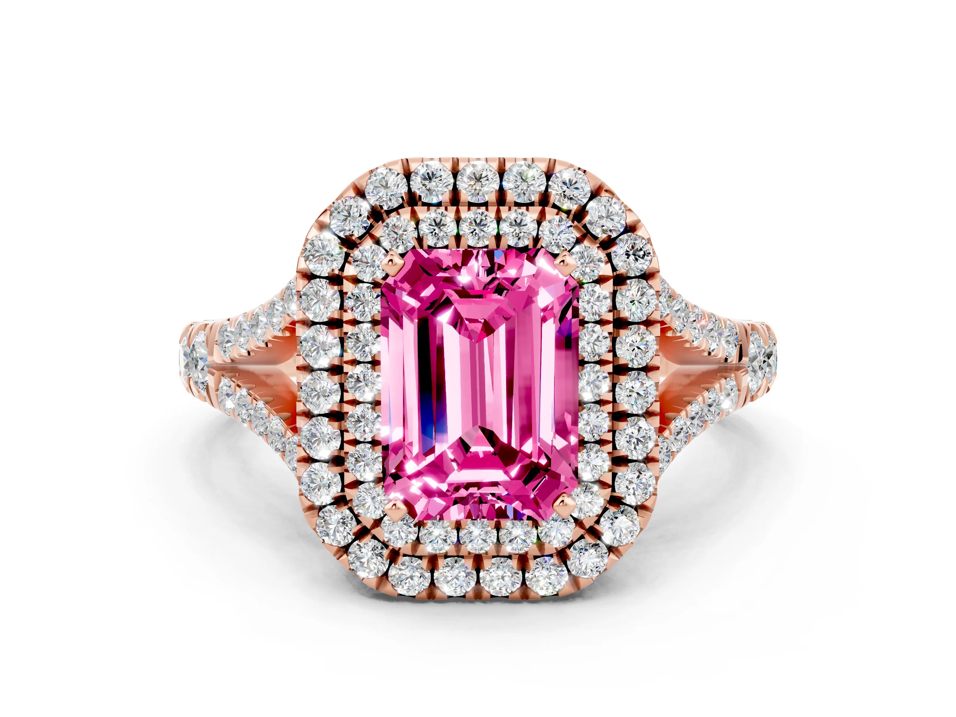 Rose gold Emerald Cut Pink Sapphire Double Halo Ring with Split Shank and Prong Setting_12