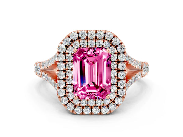 Rose gold Emerald Cut Pink Sapphire Double Halo Ring with Split Shank and Prong Setting