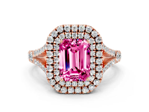 Rose gold Emerald Cut Pink Sapphire Double Halo Ring with Split Shank and Prong Setting_12