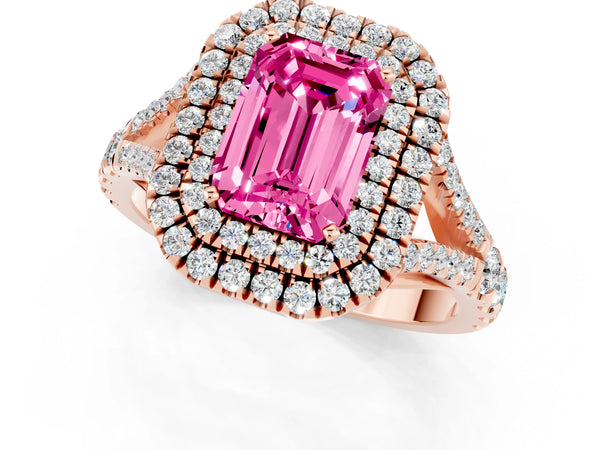 Rose gold Emerald Cut Pink Sapphire Double Halo Ring with Split Shank and Prong Setting