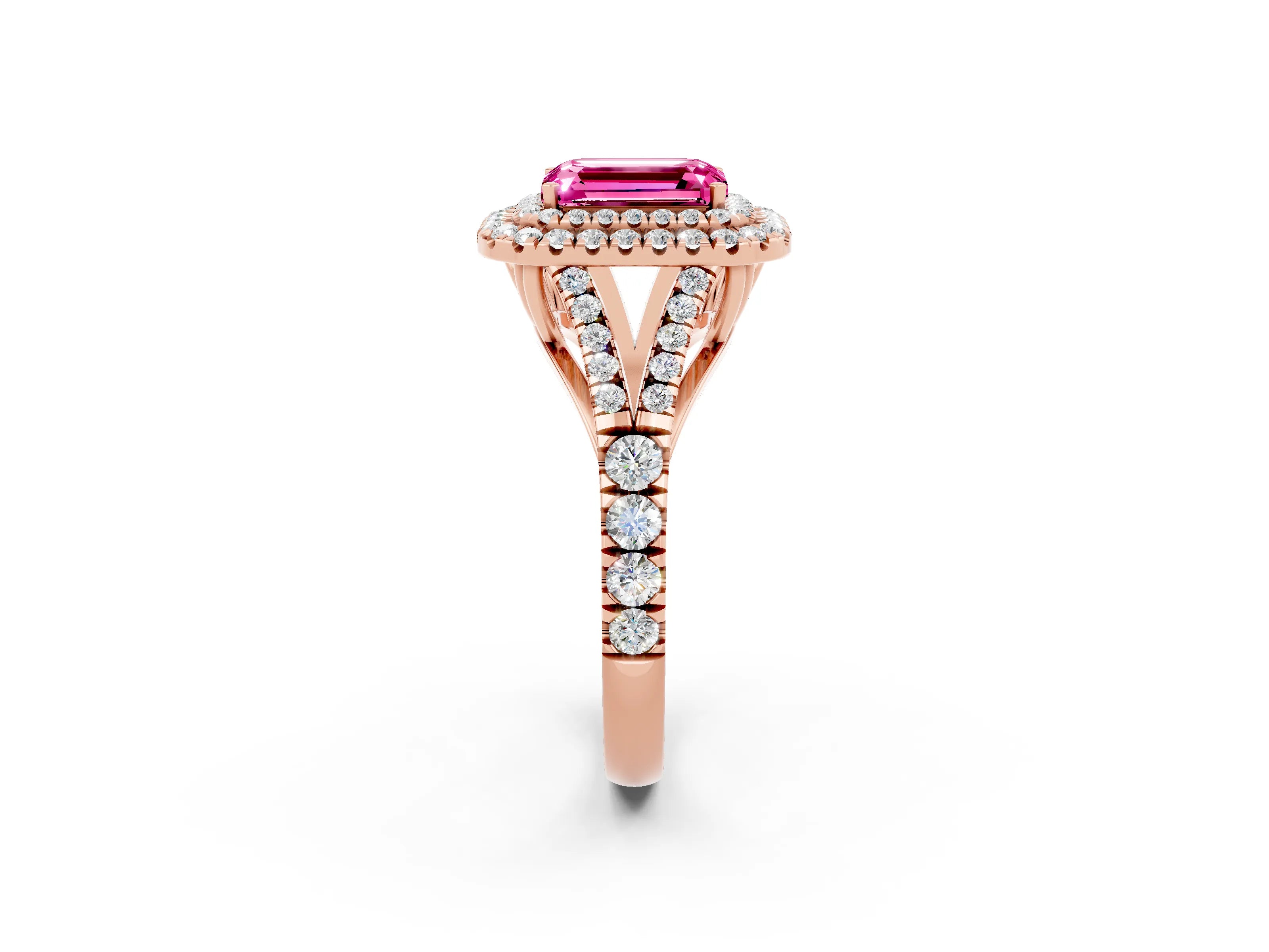 Rose gold Emerald Cut Pink Sapphire Double Halo Ring with Split Shank and Prong Setting_14