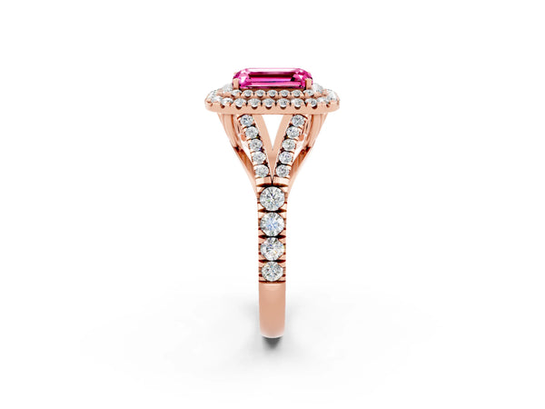 Rose gold Emerald Cut Pink Sapphire Double Halo Ring with Split Shank and Prong Setting