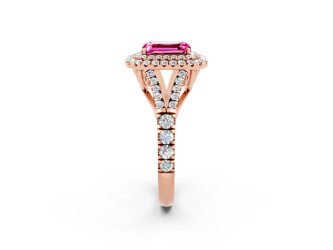 Rose gold Emerald Cut Pink Sapphire Double Halo Ring with Split Shank and Prong Setting_14