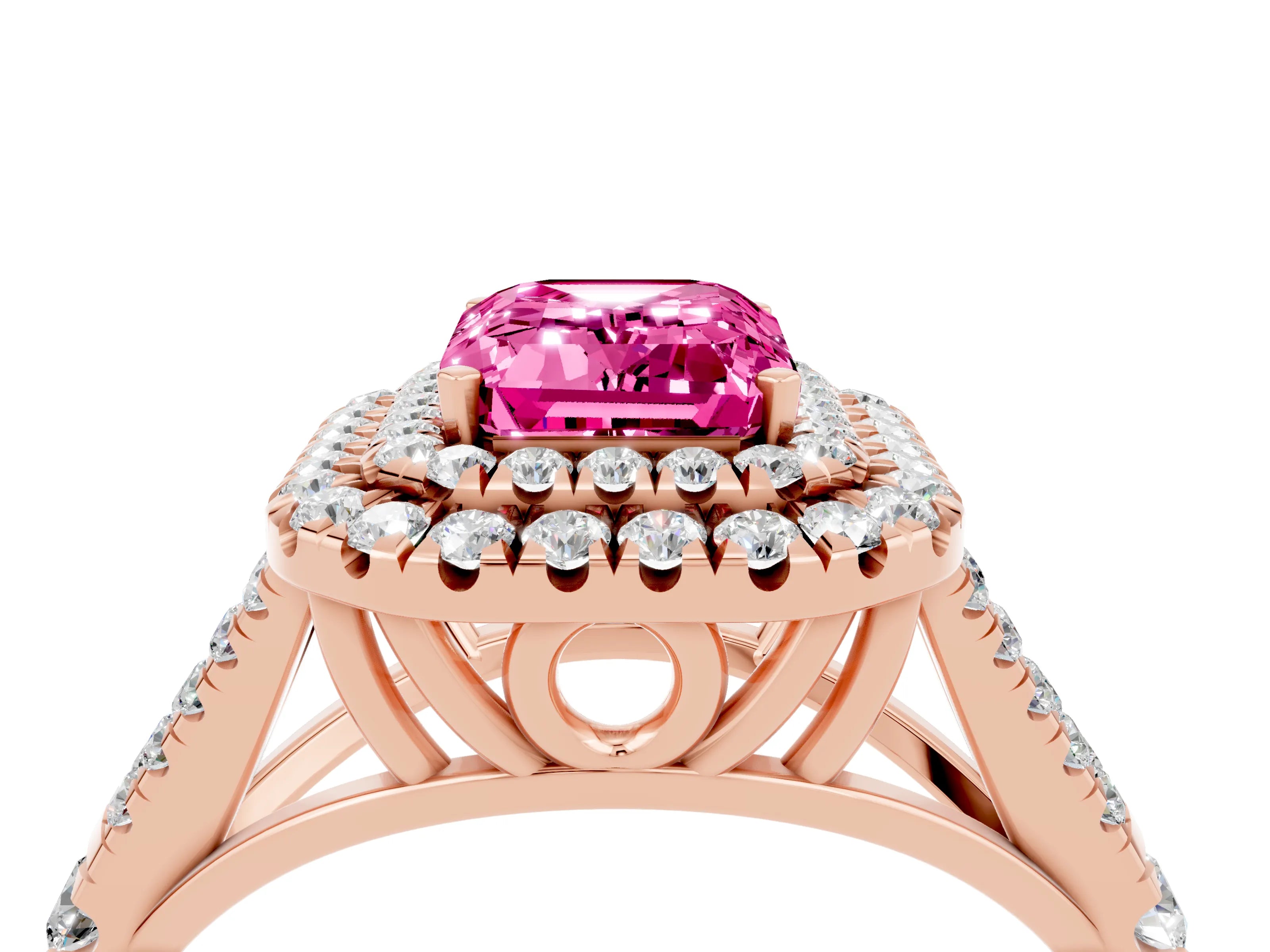 Rose gold Emerald Cut Pink Sapphire Double Halo Ring with Split Shank and Prong Setting_16