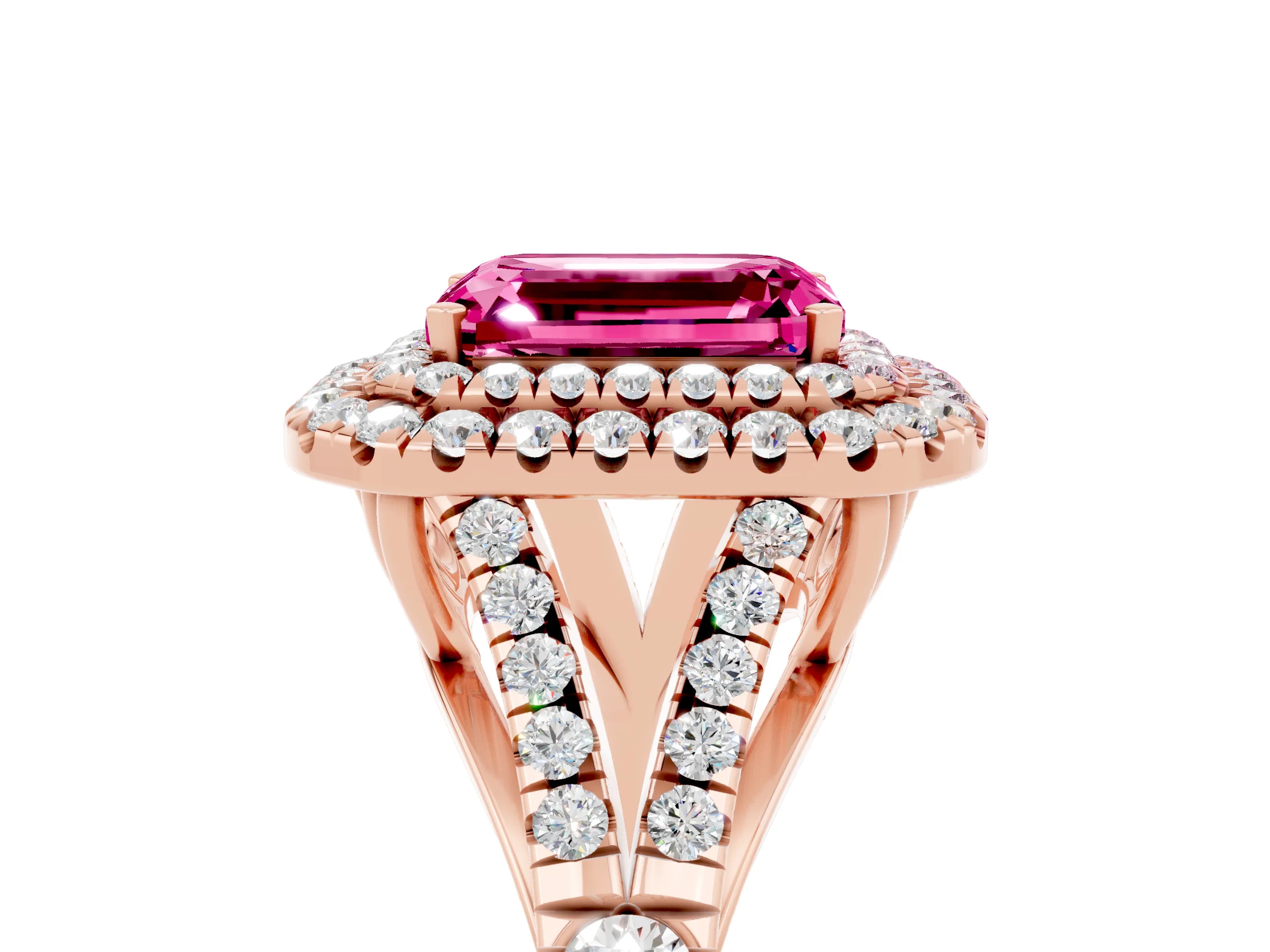 Rose gold Emerald Cut Pink Sapphire Double Halo Ring with Split Shank and Prong Setting_17