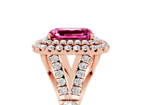 Rose gold Emerald Cut Pink Sapphire Double Halo Ring with Split Shank and Prong Setting_17