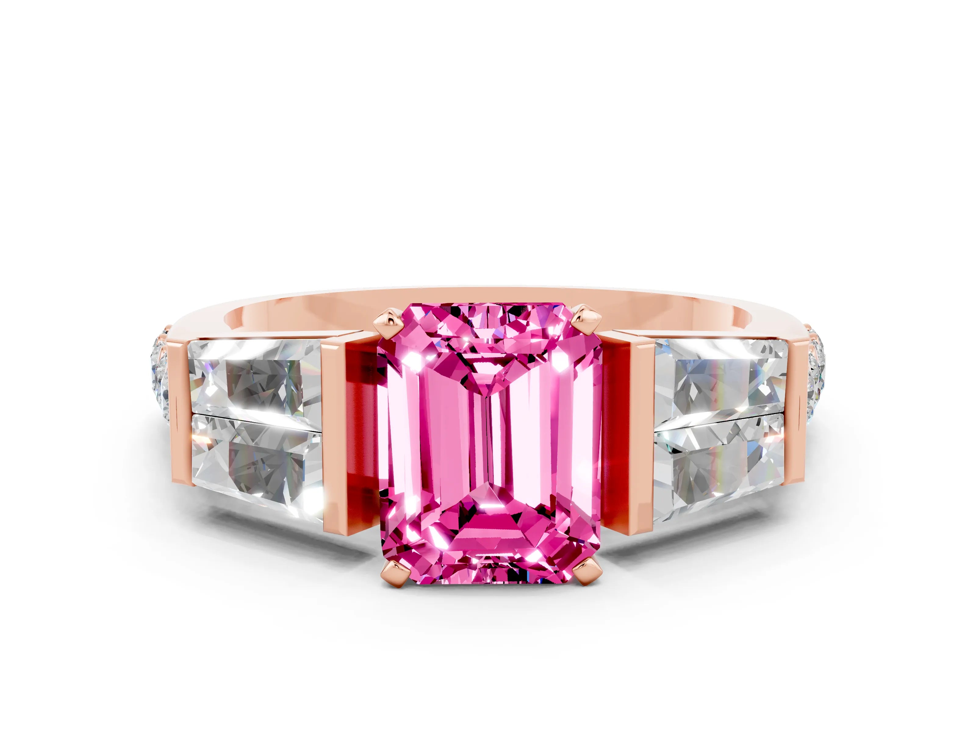 Rose gold Emerald Cut Pink Sapphire Engagement Ring with Baguette Side Stones and Channel Set Band