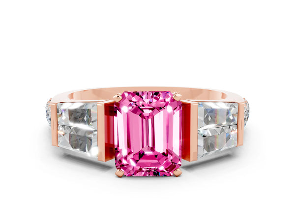 Rose gold Emerald Cut Pink Sapphire Engagement Ring with Baguette Side Stones and Channel Set Band