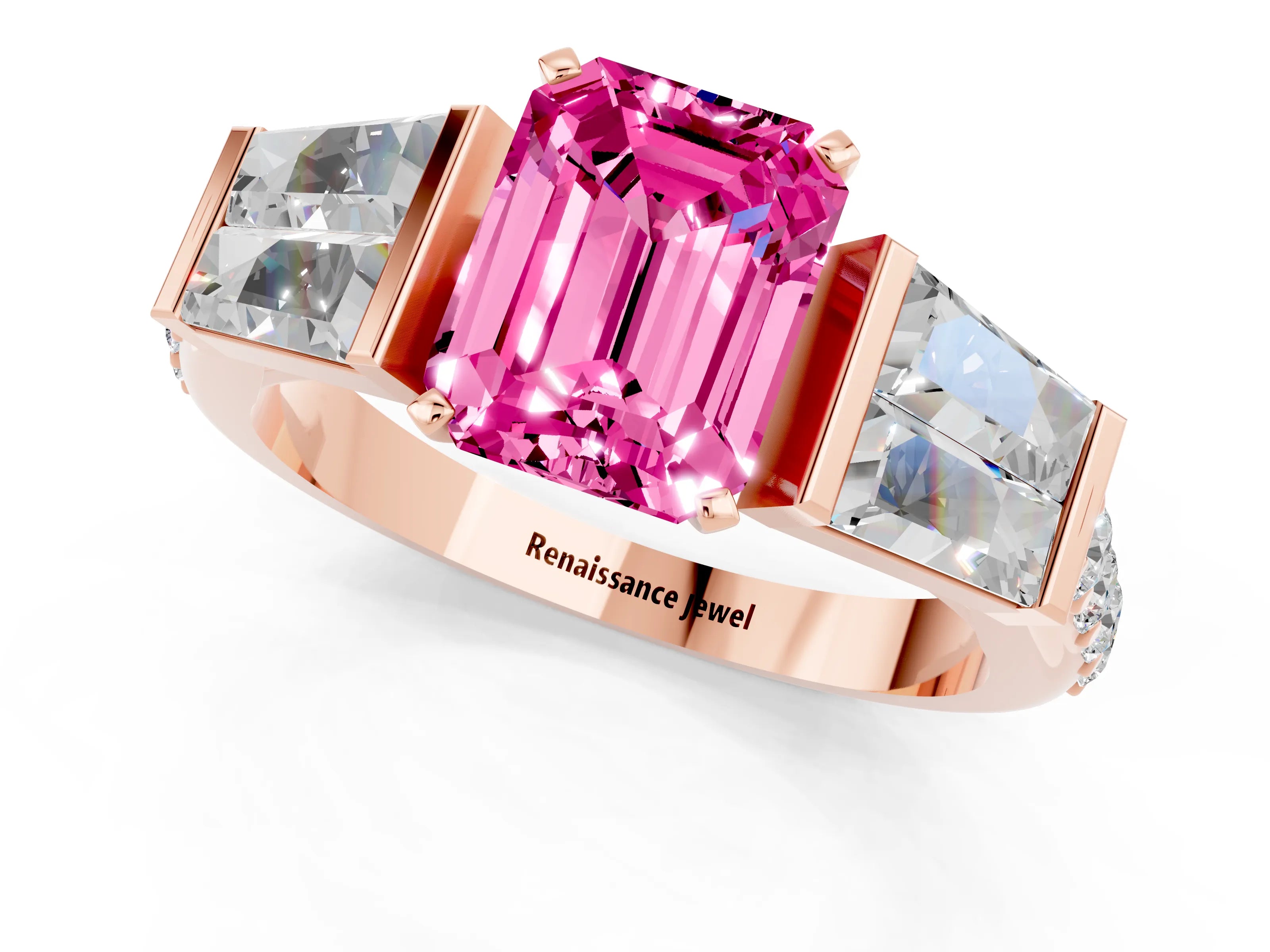 Rose gold Emerald Cut Pink Sapphire Engagement Ring with Baguette Side Stones and Channel Set Band_1