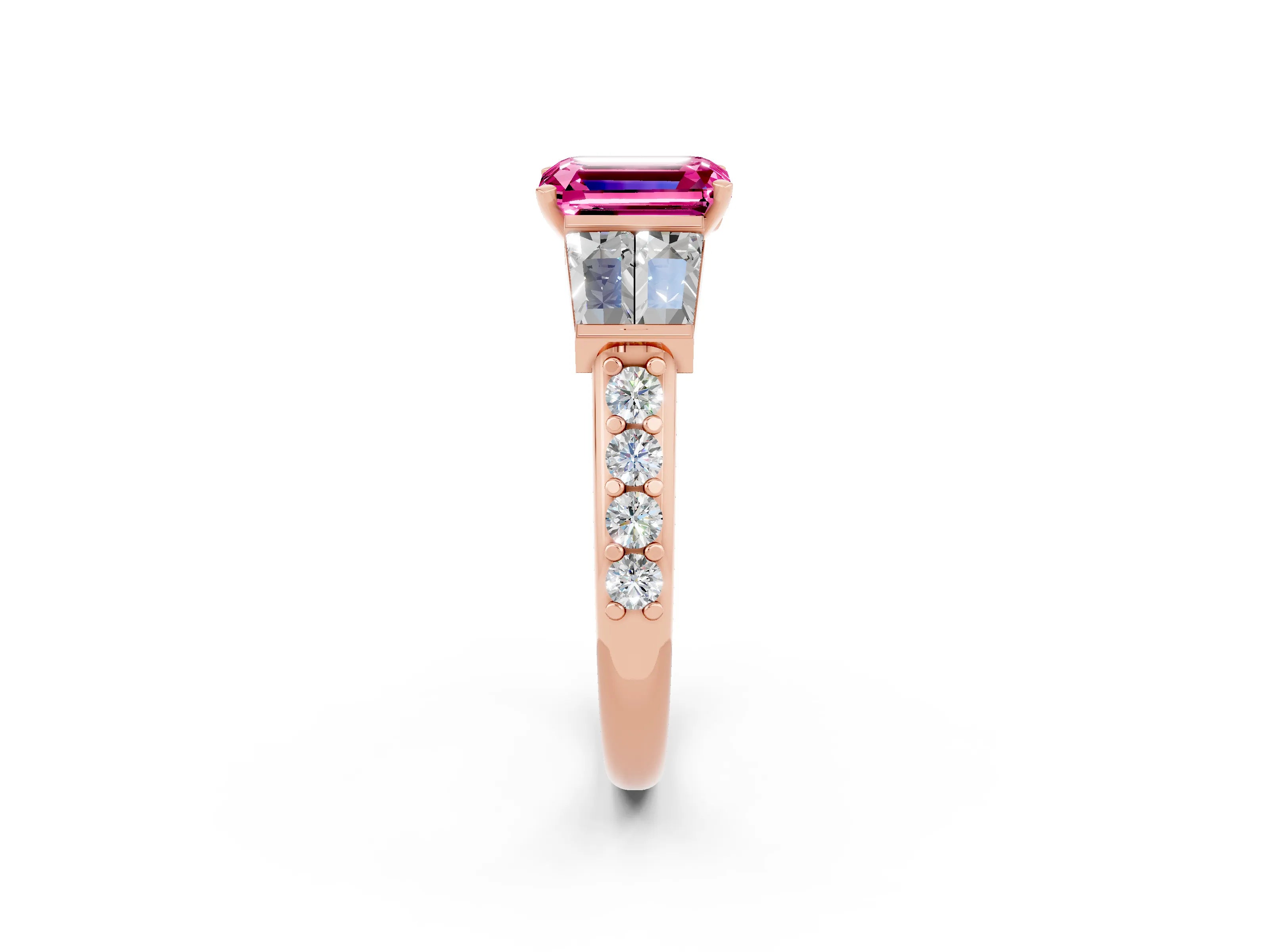 Rose gold Emerald Cut Pink Sapphire Engagement Ring with Baguette Side Stones and Channel Set Band_2