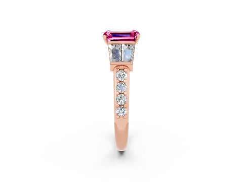 Rose gold Emerald Cut Pink Sapphire Engagement Ring with Baguette Side Stones and Channel Set Band_2