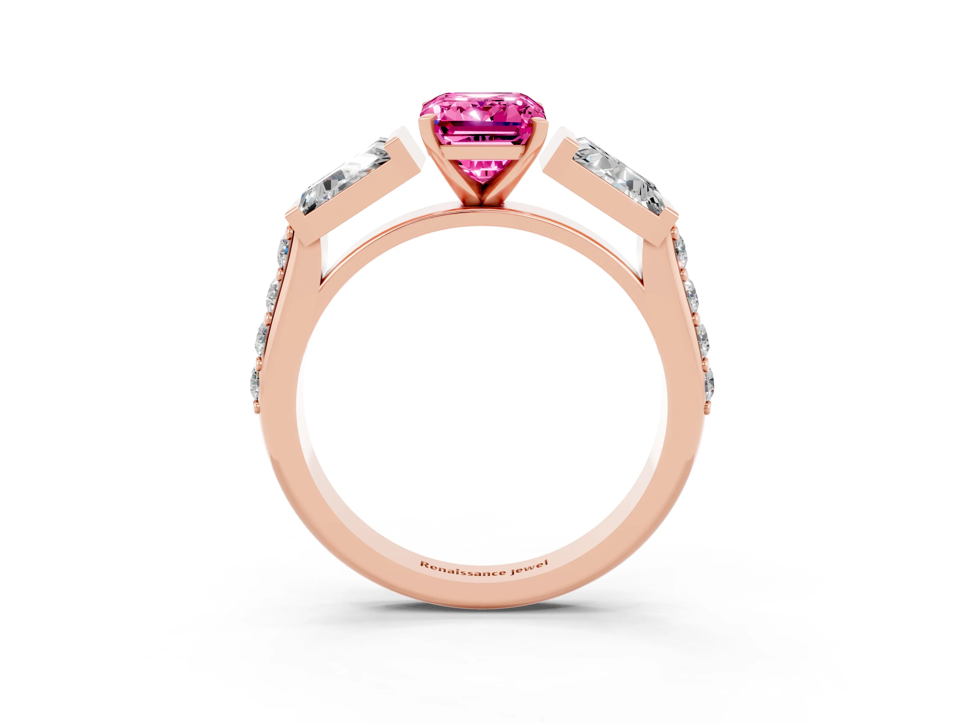 Rose gold Emerald Cut Pink Sapphire Engagement Ring with Baguette Side Stones and Channel Set Band_3
