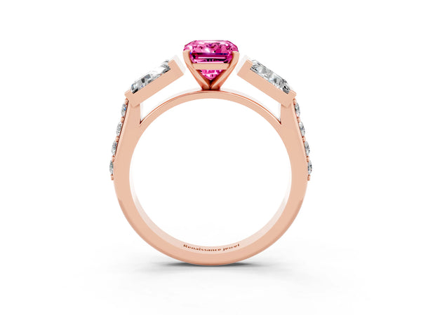 Rose gold Emerald Cut Pink Sapphire Engagement Ring with Baguette Side Stones and Channel Set Band