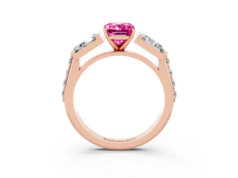 Rose gold Emerald Cut Pink Sapphire Engagement Ring with Baguette Side Stones and Channel Set Band_3