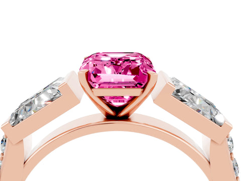 Rose gold Emerald Cut Pink Sapphire Engagement Ring with Baguette Side Stones and Channel Set Band_4