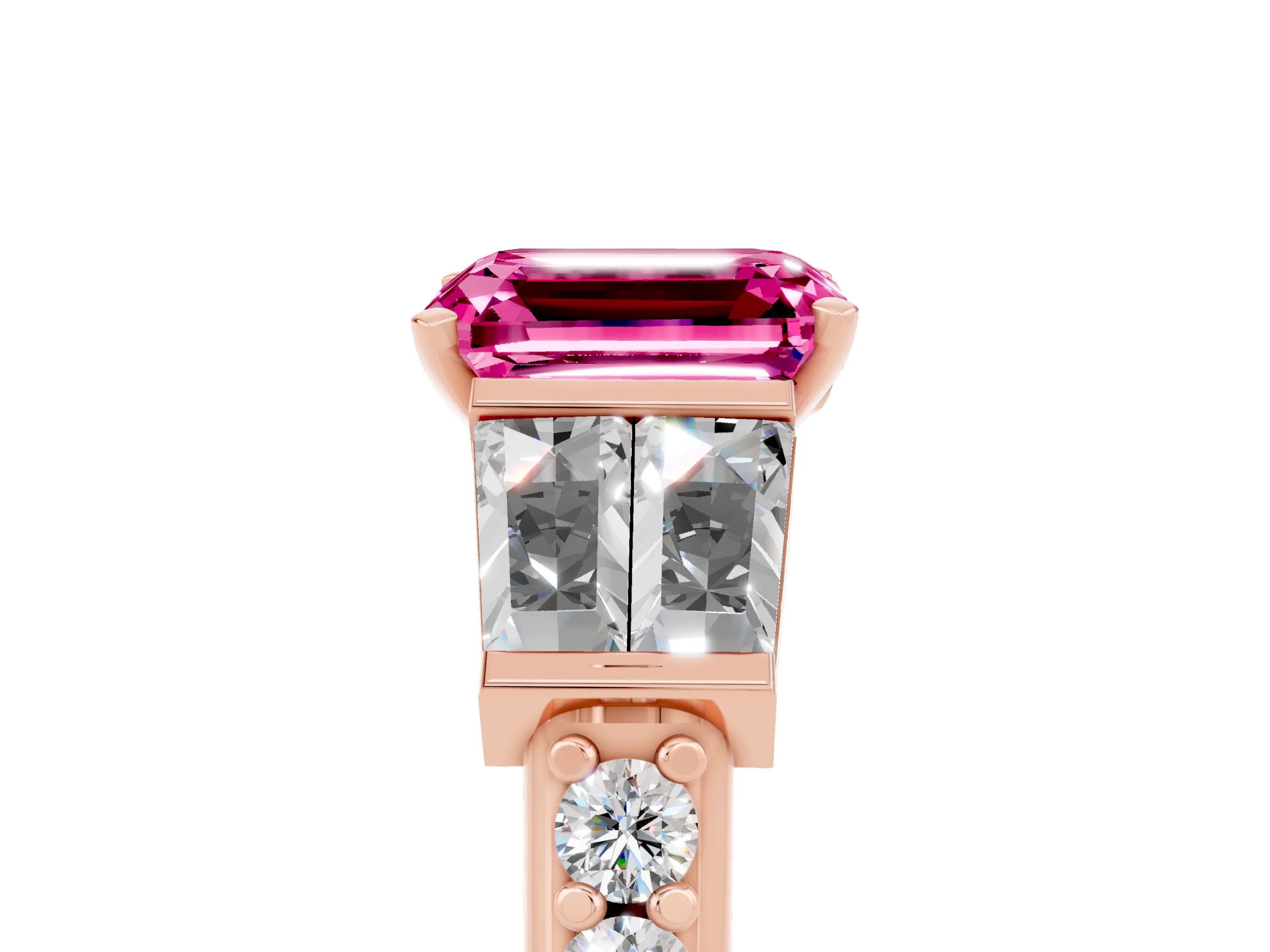 Rose gold Emerald Cut Pink Sapphire Engagement Ring with Baguette Side Stones and Channel Set Band_5