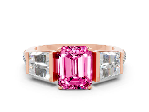 Rose gold Emerald Cut Pink Sapphire Engagement Ring with Baguette Side Stones and Channel Set Band