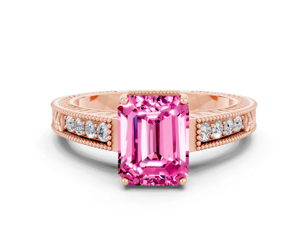 Rose gold Emerald Cut Pink Sapphire Engagement Ring with Milgrain Channel Set Band and Prong Setting