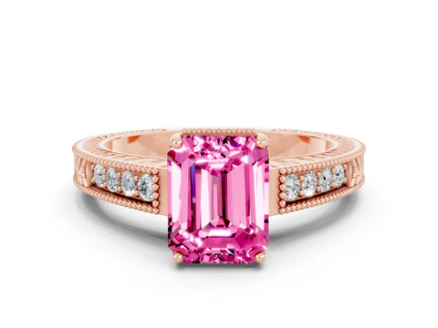 Rose gold Emerald Cut Pink Sapphire Engagement Ring with Milgrain Channel Set Band and Prong Setting_24