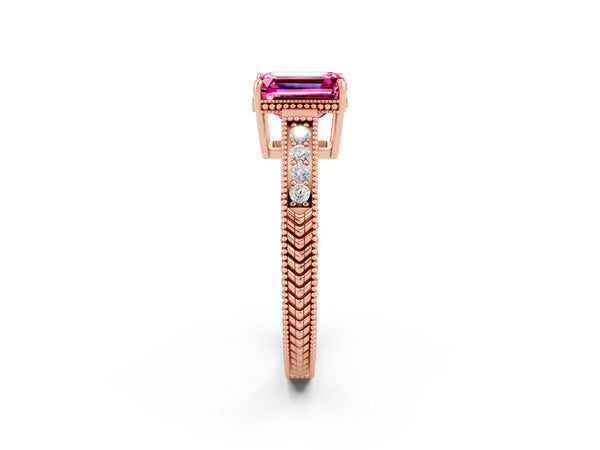 Rose gold Emerald Cut Pink Sapphire Engagement Ring with Milgrain Channel Set Band and Prong Setting