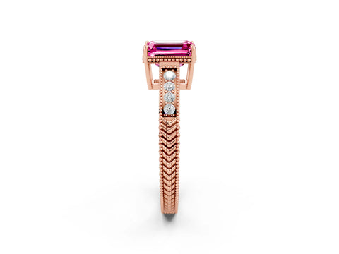 Rose gold Emerald Cut Pink Sapphire Engagement Ring with Milgrain Channel Set Band and Prong Setting_26