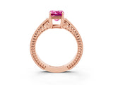 Rose gold Emerald Cut Pink Sapphire Engagement Ring with Milgrain Channel Set Band and Prong Setting_27