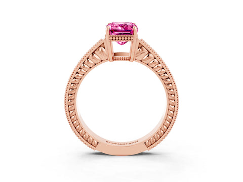 Rose gold Emerald Cut Pink Sapphire Engagement Ring with Milgrain Channel Set Band and Prong Setting_27