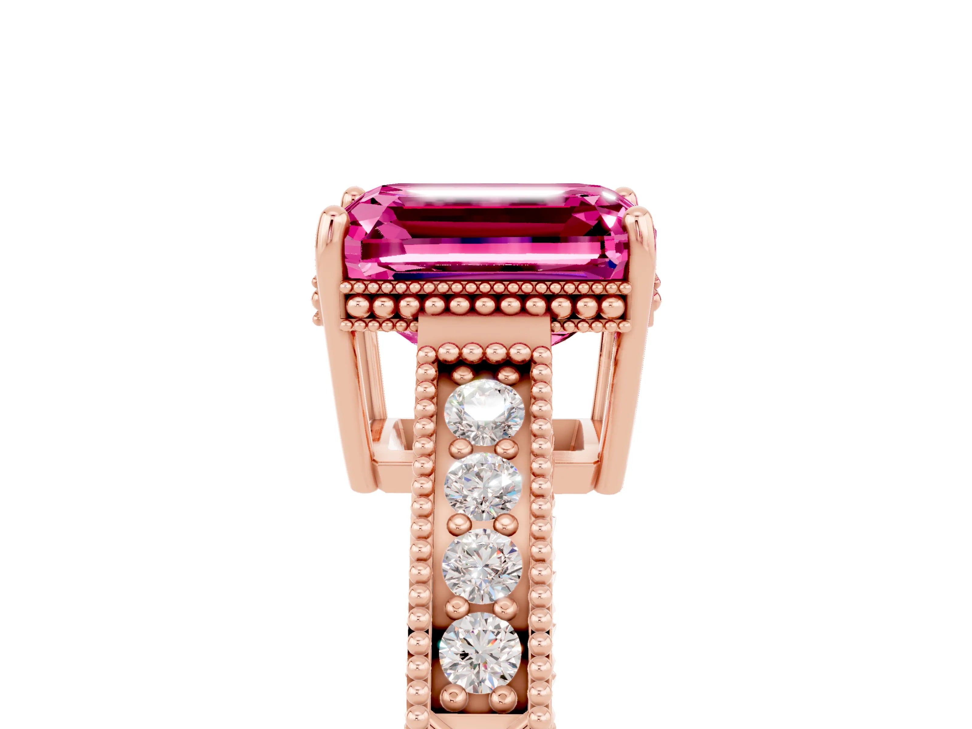 Rose gold Emerald Cut Pink Sapphire Engagement Ring with Milgrain Channel Set Band and Prong Setting_29